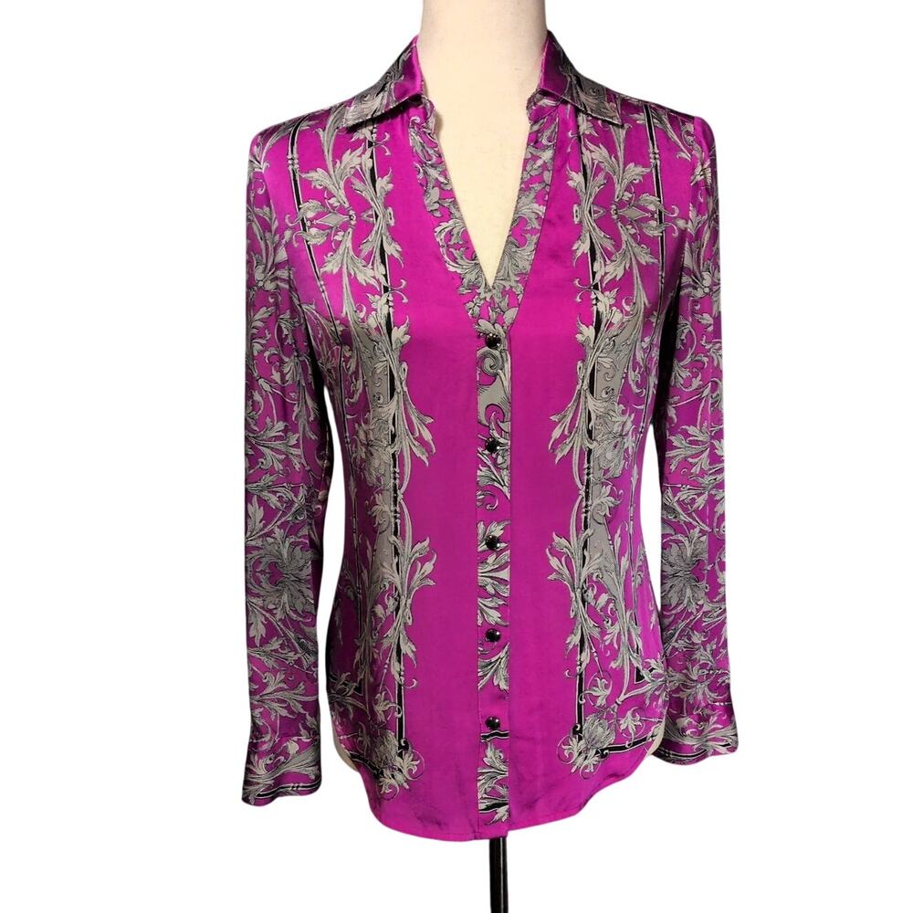 Y2K Caché Silk Long Sleeve Pink Silver Blouse Top Baroque Print Snap Button XS